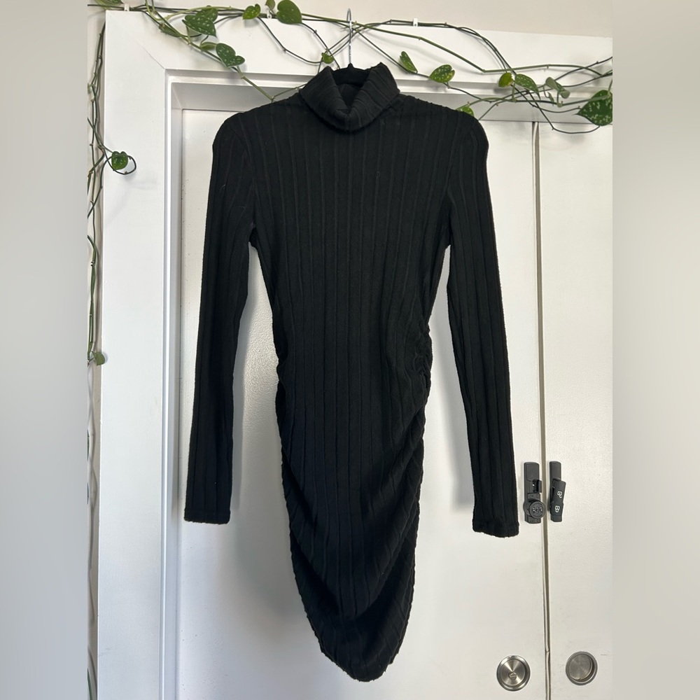 Elegant Black Ribbed Turtleneck Sweater Dress